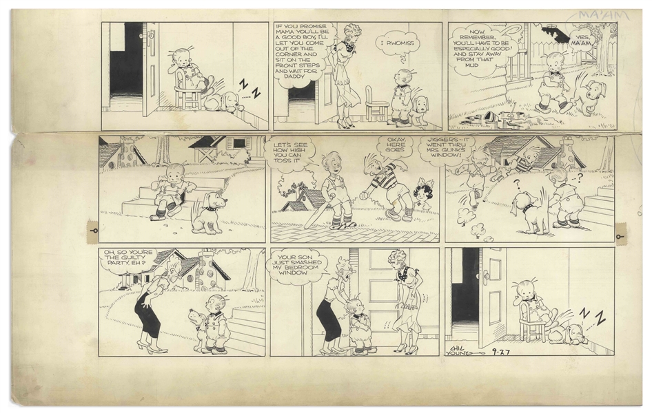 Chic Young Hand-Drawn ''Blondie'' Sunday Comic Strip From 1936 -- Baby Dumpling Is Too Small to Defend Himself Against a Misunderstanding
